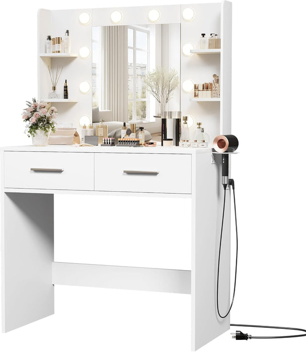 White Makeup Vanity Desk Featuring Illuminated Mirror
