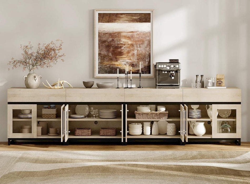 4 in 1 Sideboard Buffet Cabinets with 8 Glass Doors, Modern Sideboard Credenza, Coffee Bar Storage Cabinet for Living Room, Kitchen, Light Oak