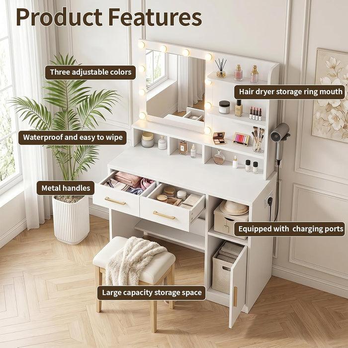 Vanity Desk with Mirror and Lights | Makeup Vanity Desk with 3 Drawers & Storage Shelves & Side Table, 3 Color Modes & Adjustable Brightness, Bedroom Furniture