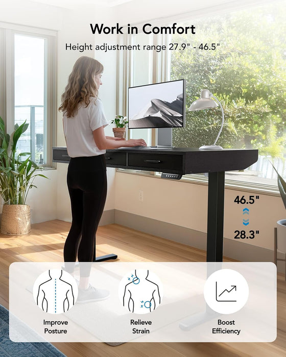 Electric Standing Desk with Drawers, C-Clamp Mount Compatible, 55 X 28 Inch Height Adjustable Sit Stand Desk, Fabric Drawers, Home Office Stand up Desk with 4 Custom Height Settings, Black