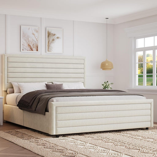 Full Size Bed Frame, Upholstered Platform Bed with Velvet Headboard and Footboard, Mattress Foundation with Wooden Slats, No Box Spring Required, Easy Assembly, Beige