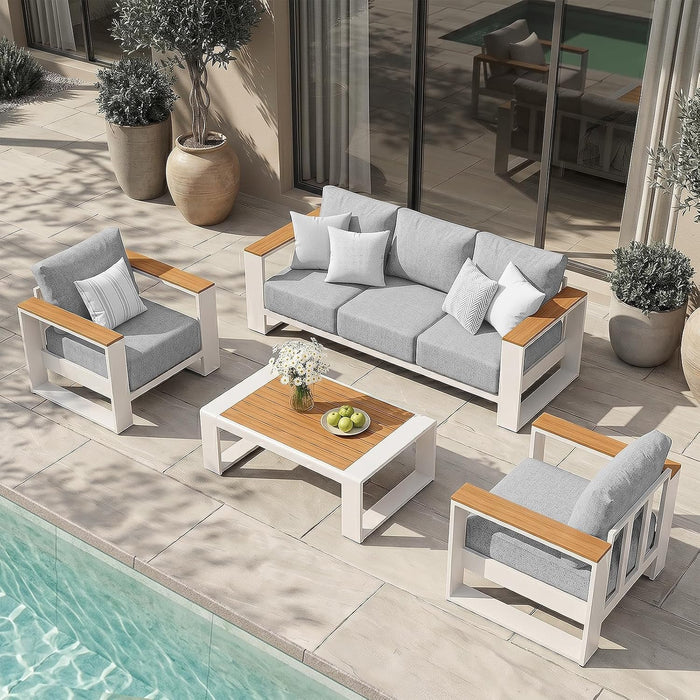 Oversized Aluminum Patio Furniture Set, 4 Pieces Luxury Outdoor Furniture Set with 7.1" Extra Thick Cushion, Modern Outdoor Sectional with Coffee Table for Porch, Garden and Deck, White