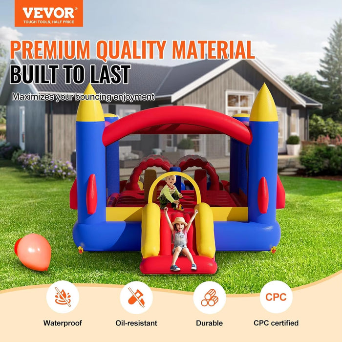 Inflatable Bounce House, Outdoor Playhouse Trampoline, Jumping Bouncer with Blower, Slide, and Storage Bag, Family