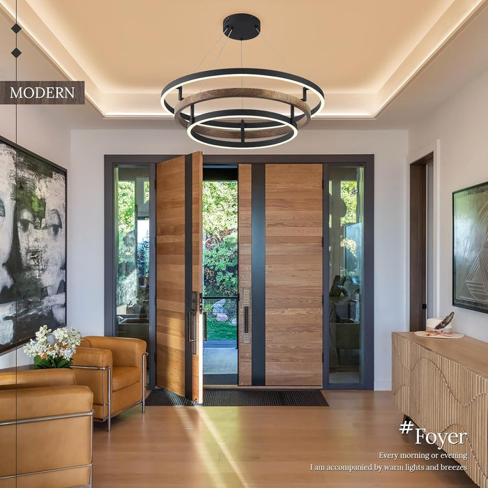 3 Ring LED Chandelier Black round Chandelier Light Fixture Dimmable Farmhouse Foyer Chandeliers Light Wood-Printed Circular Chandeliers for Dining Room Entry Bedroom Office Living Room 24In