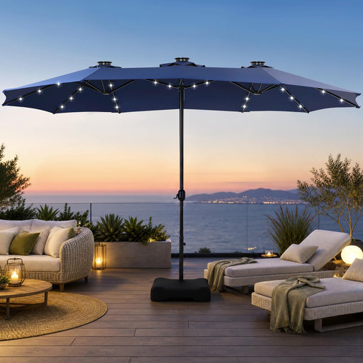 15 Ft Large Outdoor Patio Umbrella with Solar Led Lights & Base Included, Double-Sided Rectangular Table Umbrella with Stand, Market Umbrellas for Deck Poolside Garden Backyard, Navy Blue