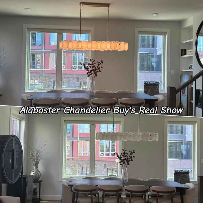 Alabaster Chandelier, 58 Inch Modern Rectangular Chandelier for Dining Room, Dimmable Linear Chandeliers for Kitchen Island, Natural Spanish Marble Stone Chandeliers for Dining Table, Living Room