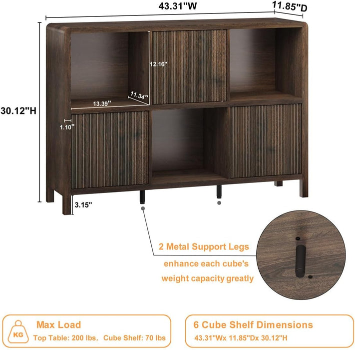 6 Cube Storage Organizer Book Shelf, Horizontal Bookshelf with 3 Doors, 3 Tier Wooden Bookcase for Living Room, Home Office (Dark Walnut)