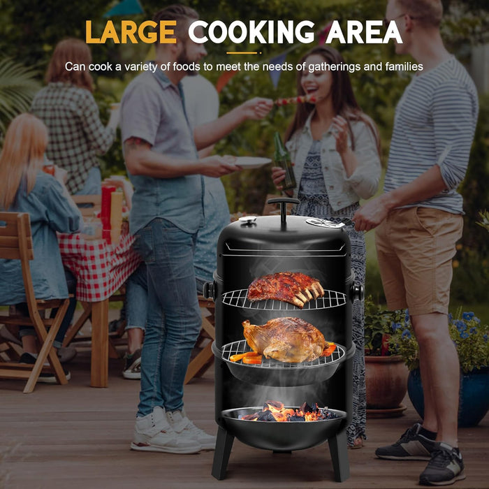 16 Inch Charcoal Smoker, Vertical BBQ Grill, Heavy Duty 4 in 1 Fire Pit with Built-In Thermometer & Adjustable Vent System for Backyard Patio Camping