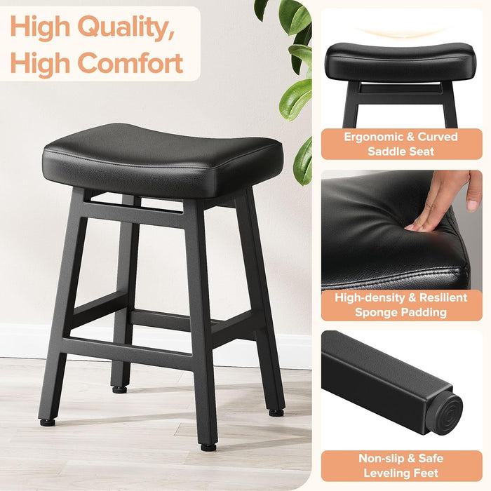 24 Inche Bonded Leather Counter Height Bar Stools Set of 2 Curved | Barstools with Curved Bonded Leather Seats & Heavy Duty Metal Legs for Kitchen Counter, Easy Assembly, All Black