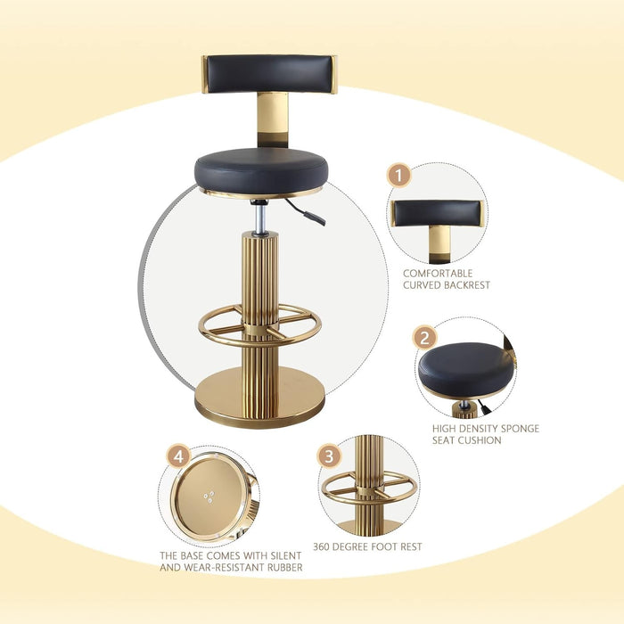 Swivel Bar Stools with Backrest, Modern Adjustable Height Counter Stool with Metal Legs and Comfortable Cushion, Black and Gold Bar Chair for Kitchen Island Counter (Black)