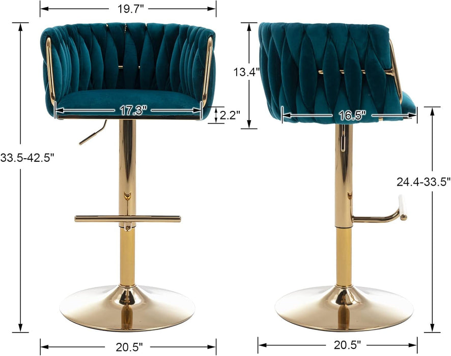 Modern Swivel Bar Stools Set of 2, Velvet Adjustable Height Barstool with Barrel Back Kitchen Island Counter Bar Chair with Golden Base, Teal Green