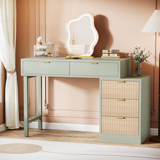 Makeup Vanity Desk with 5 Drawers, Modern Small Dressing Desk with Storage, Wood Make up Table for Bedroom, Narrow Space (Without Mirror), Mint Green