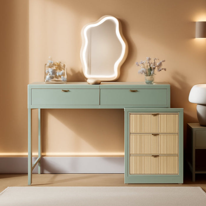 Makeup Vanity Desk with 5 Drawers, Modern Small Dressing Desk with Storage, Wood Make up Table for Bedroom, Narrow Space (Without Mirror), Mint Green