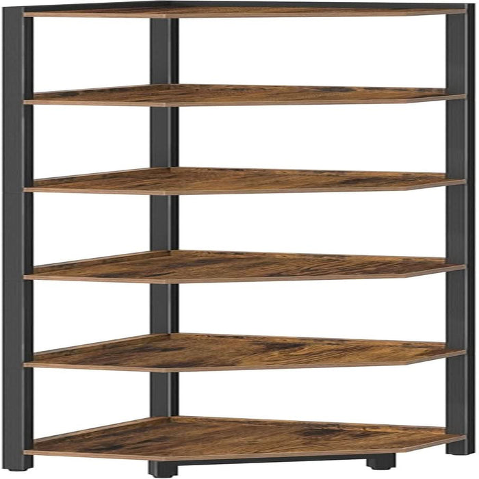 Corner Shelf Stand, Corner Bookshelf, Storage Standing Shelf Unit with Metal Frame, Plant Stand, Corner Bookcase for Living Room, Home Office, Bedroom, 6-Tier Rustic Brown CS06001B