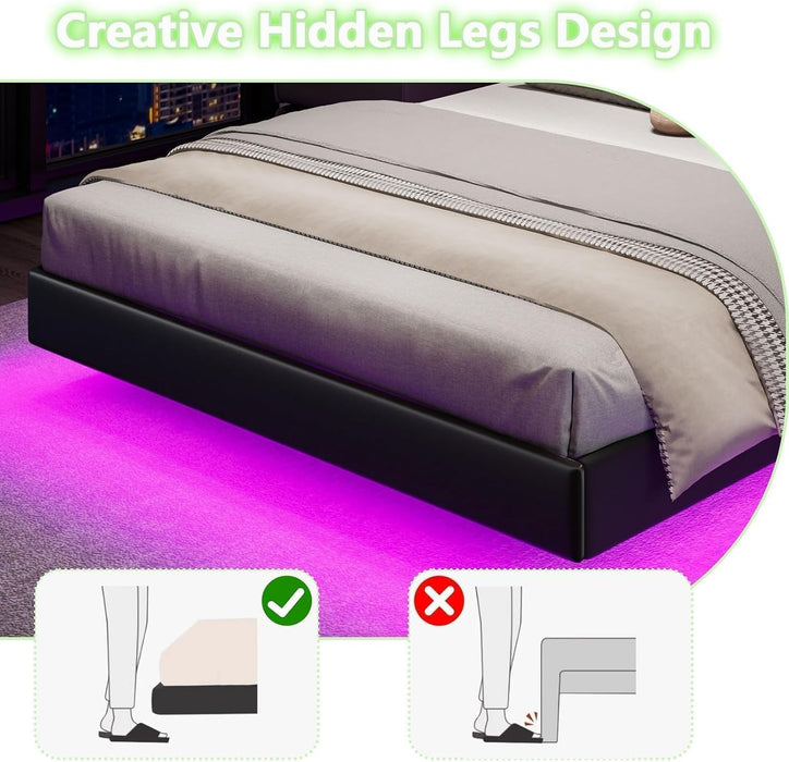 Floating Bed Frame Full with LED Lights, Upholstered Floating Bed Frame with Headboard, Solid Wood Slats Support, No Box Spring Needed, Noise-Free, Easy Assembly, Black