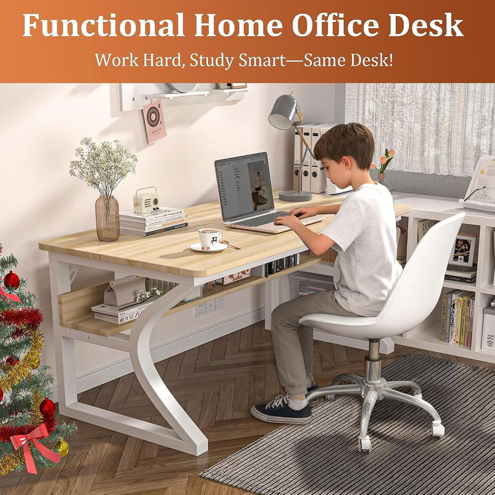 47'' Computer Desk Home Office Desk, Modern Computer Desk W/U Shaped Metal Frame, Storage Shelves, PC Table Study Writing Desk Workstation for Home Office (55Inch/Light Walnut Color)