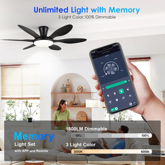 Ceiling Fans with Lights, 51 Inch Modern Black Low Profile Ceiling Fan with Light and Remote App Control, Flush Mount, Quiet DC Reversible, Dim Led Ceiling Fan 6 Blade Softer Wind Indoor/Outdoor Patio