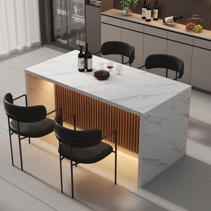 63" Large Imitation Marble Dining Table for 4-6 People, with LED Lights | Modern Kitchen Island Table, Marble Stripes Kitchen Dining Table with Grille Design for Dining Room,Living Room (White)