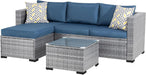 Patio Furniture Sets 3 Pieces Outdoor Sectional Sofa Silver All-Weather Rattan Wicker Sofa Small Patio Conversation Couch with Washable Cushion and Glass Table(Aegean Blue)