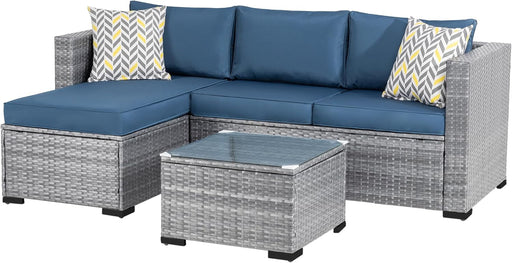 Patio Furniture Sets 3 Pieces Outdoor Sectional Sofa Silver All-Weather Rattan Wicker Sofa Small Patio Conversation Couch with Washable Cushion and Glass Table(Aegean Blue)