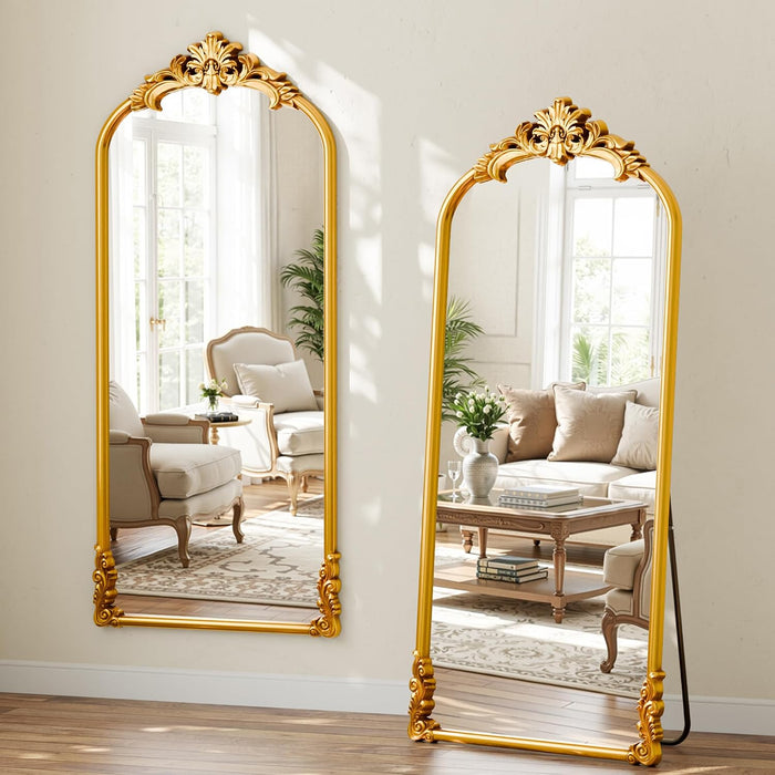 71"X32" Vintage Gold Arched Full Length Mirror with Carved