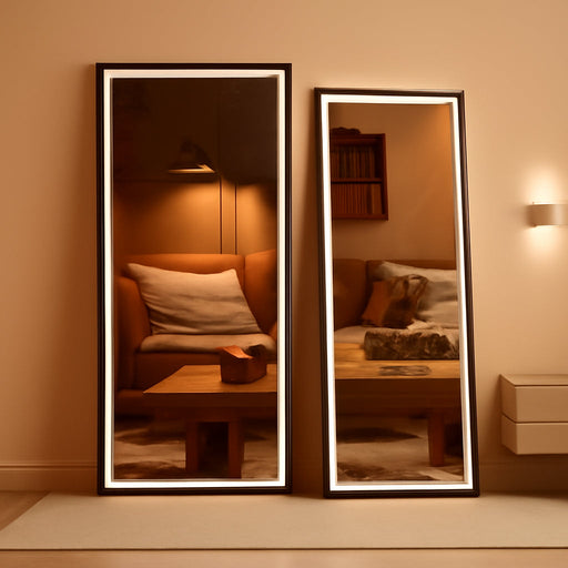 Full Length Mirror with Lights, 67" X 24" LED Lighted Floor Standing, Full Body Dressing Hanging Mounted Mirror, Dimmable, Tempered Glass, Safe to Use, Square Black
