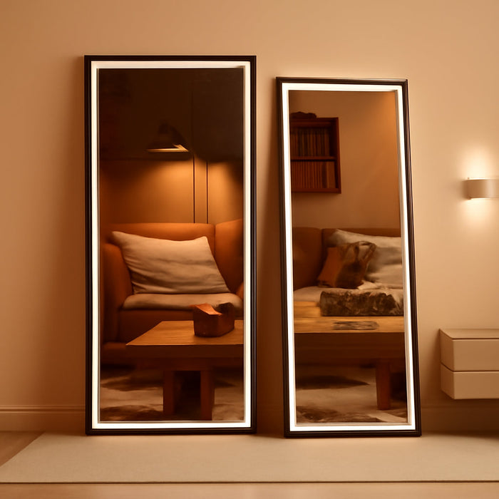 Full Length Mirror with Lights, 67" X 24" LED Lighted Floor Standing, Full Body Dressing Hanging Mounted Mirror, Dimmable, Tempered Glass, Safe to Use, Square Black