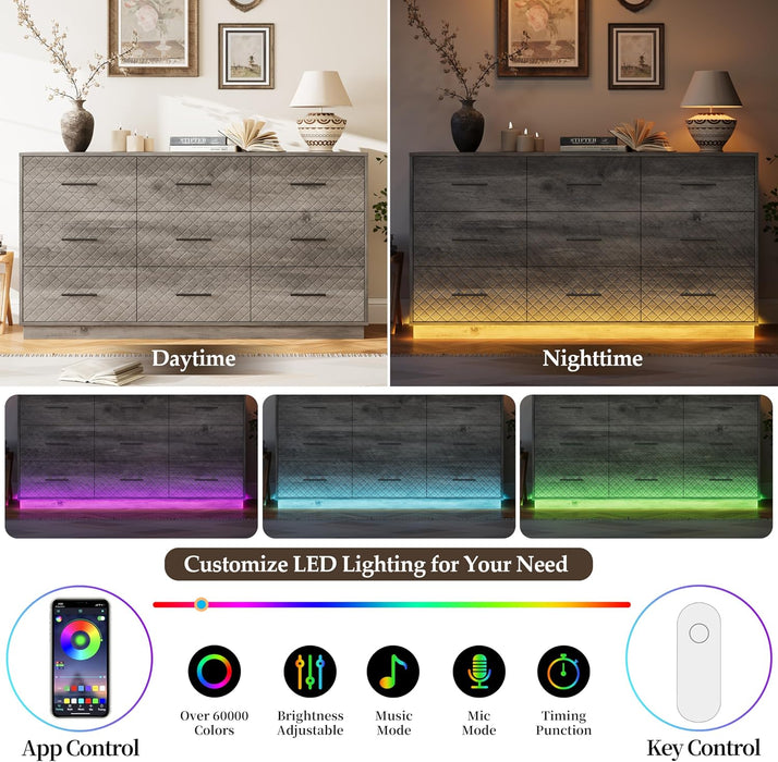 9 Drawers Dresser for Bedroom, 58” Wide Modern Chest of Drawers with Diamond Panel, Anti-Tipping Device, Wood Stable Storage Organizer for Bedroom, Nursery, Living Room