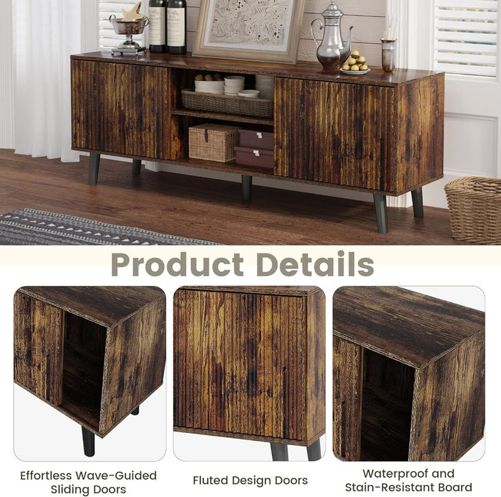 63'' Fluted TV Stand for 70 Inch TV, Modern Entertainment Center with Sliding Doors & Storage Cabinet, Mid Century Media TV Console for Living Room, Brown