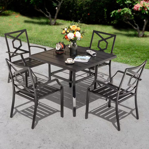 5-Piece Outdoor Dining Set with Umbrella Hole Patio Furniture Set with Stackable Armchairs and Square Table in Black