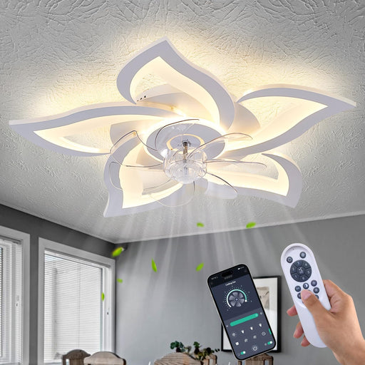 White Flower Modern Ceilingfans with Lights, Low Profile Ceiling Fan with Remote for Bedroom, Flush Mount Ceiling Fan with LED Dimmable Light,3-Colors, 6-Speeds, Timing Ceilingfan Light