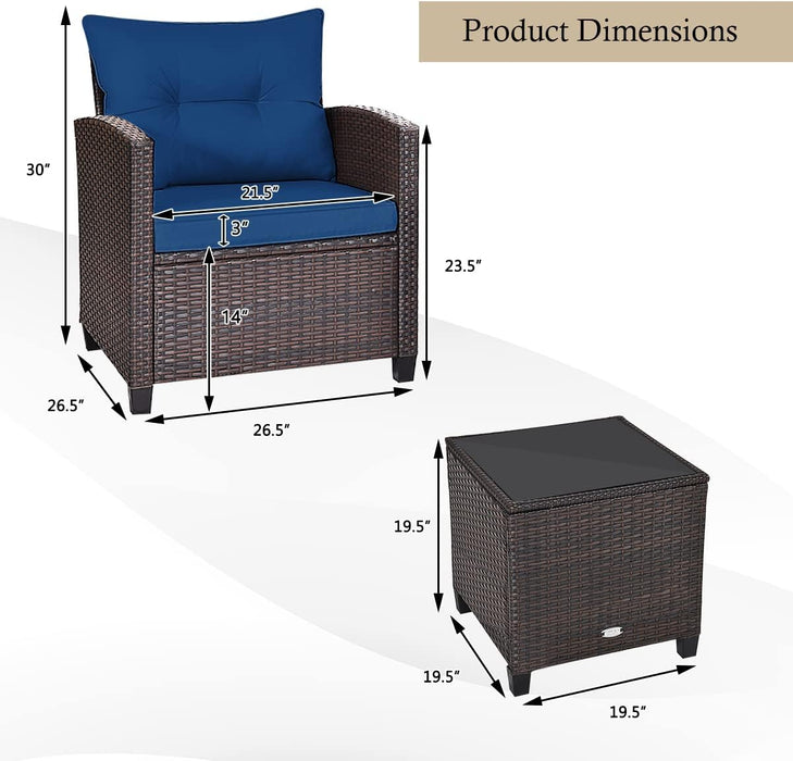 3 Piece Patio Furniture Set, Outdoor Conversation Set with Washable Cushions & Tempered Glass Tabletop, PE Rattan Wicker Bistro Set for Porch, Garden, Balcony (Navy Blue)