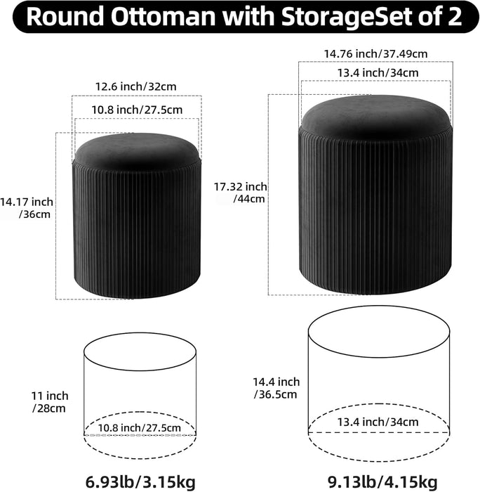 round Ottoman with Storage Set of 2, Upholstered Velvet Storage Ottoman, Vanity Stool for Makeup, Foot Rest for Living Room, Bedroom, Black