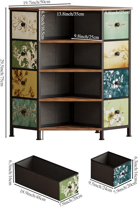 8 Drawers Corner Dresser with Storage Fabric Drawers and Open Shelves for Small Space，Bedroom，Entryway，Living Room (Retro Pattern)
