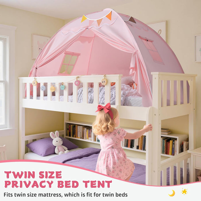 Toddler Bed Tent Canopy: Lights & Flags Indoor Floor Kids Play Tent Playhouse - Portable & Foldable Twin Bunk Bed Curtains - Twin Bed Tent for Girls Gifts (Pink)