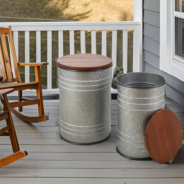 Rustic End Table Set of 2, Farmhouse Galvanized Metal Barrel Ottoman Storage Stool with round Wood Lid for Living Room Furniture, Grey