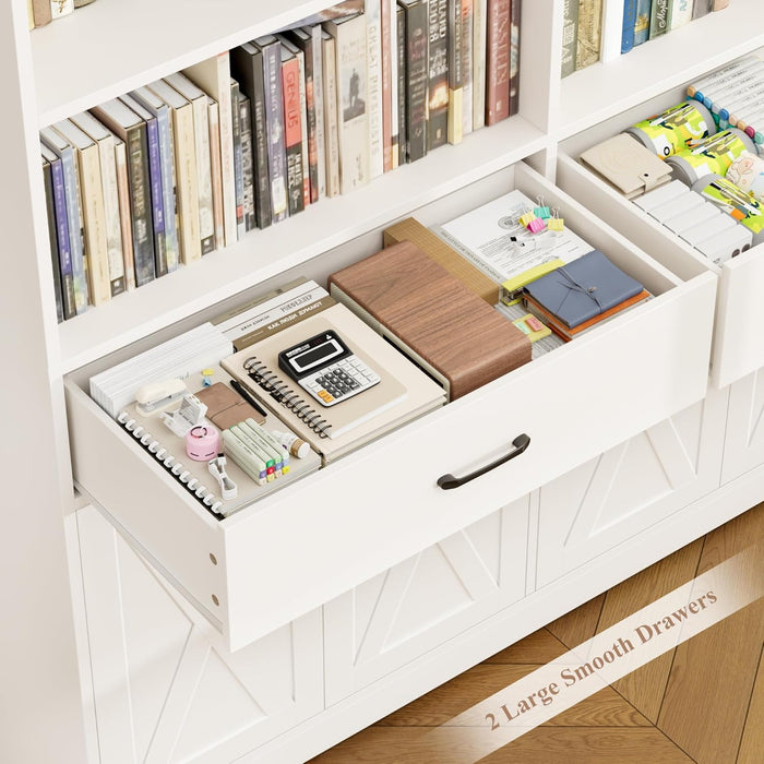 78" Tall Bookshelf with Doors, Double Wide Bookshelf with Storage Drawers, Large Bookcase with Cabinet and 8 Open Display Shelves, Farmhouse Wood Bookcase Book Shelf for Living Room, White