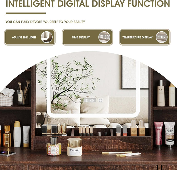 Makeup Vanity Desk, Vanity Mirror with Lights Desk and Chair,Makeup Table with 3 Large Drawers and 2 Cabinets, Time and Temperature Display, 3 LED Lighting Modes Adjustable, Brown