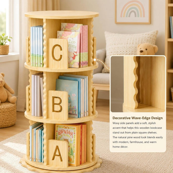 Rotating Bookshelf, 360° Spinning Bookcase for Small Spaces, Floor Standing Wooden Book Organizer, Narrow Corner Shelf for Bedroom, Study Room(3 Tier)