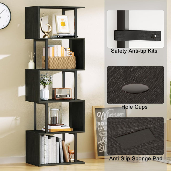 6 Tier Bookshelf Tall Geometric Bookcase, S-Shaped Industrial Display Standing Shelf, Metal and Wood Decorative Storage Room Divider Shelves for Bedroom, Living Room, Office, Light Black Oak