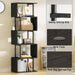 6 Tier Bookshelf Tall Geometric Bookcase, S-Shaped Industrial Display Standing Shelf, Metal and Wood Decorative Storage Room Divider Shelves for Bedroom, Living Room, Office, Light Black Oak