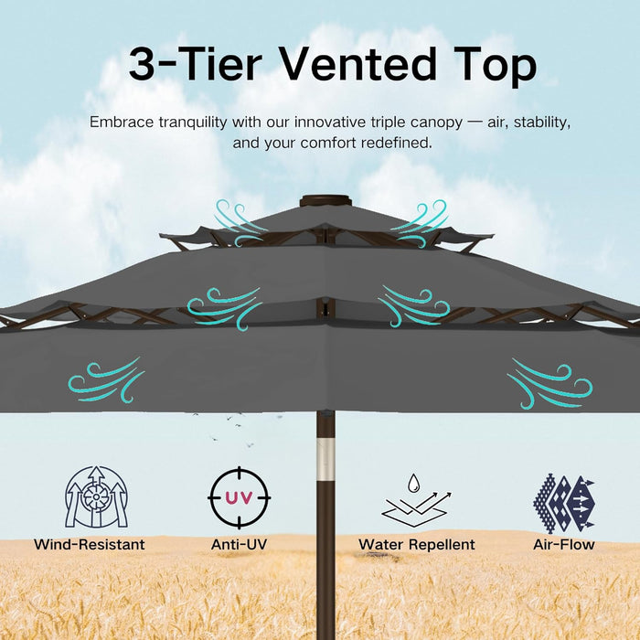 10Ft 3-Tier Patio Umbrella with Solar Lights, Table Umbrella Outdoor Patio with Easy Crank & Tilt, 8 Sturdy Ribs, UV Protection, 32 LED Lights for Deck, Poolside, Market (Grey)