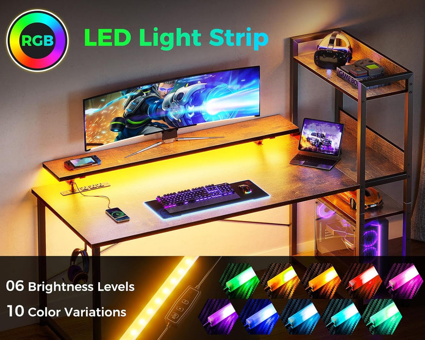 Reversible Gaming Desk with USB Charging Port and LED Lights, 40 Inch Computer Desk with Storage Shelves & Monitor Stand, Writing Study Table for Home Office, Small Space Bedroom, Rustic Brown