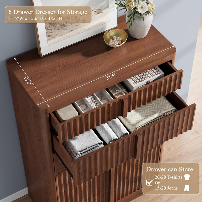 Fluted Dresser for Bedroom, 48" Tall 6 Drawer Dressers, Modern Chest of Drawers with Solid Wood Handle, Curved Profile Design, Wood Dresser Storage Organizer, Living Room, Hallway, Walnut