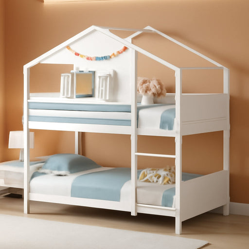 Bunk Bed Twin over Twin, Wood House Bed for Kids with Roof, Window Door, Storage Box, Safety Guardrails, Wood Slats & Ladder, Floor Bunk Bed for Junior Boys Girls, No Box Spring Needed, White