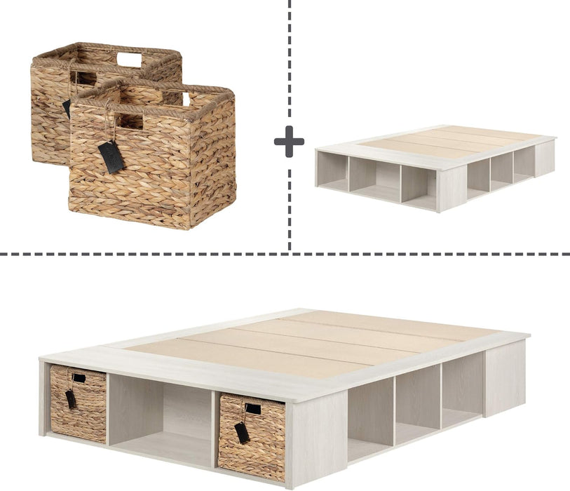 Avilla Full Storage Bed with Baskets, Double, Winter Oak and Rattan
