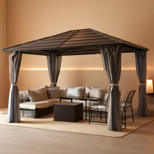 12' X 20' Outdoor Polycarbonate Lean to Gazebo - Wall-Mounted Aluminum Frame Gazebo with Slope Hardtop, Patio Heavy-Duty Lean to Pergola with Netting & Curtains for Garden, Backyard, Deck