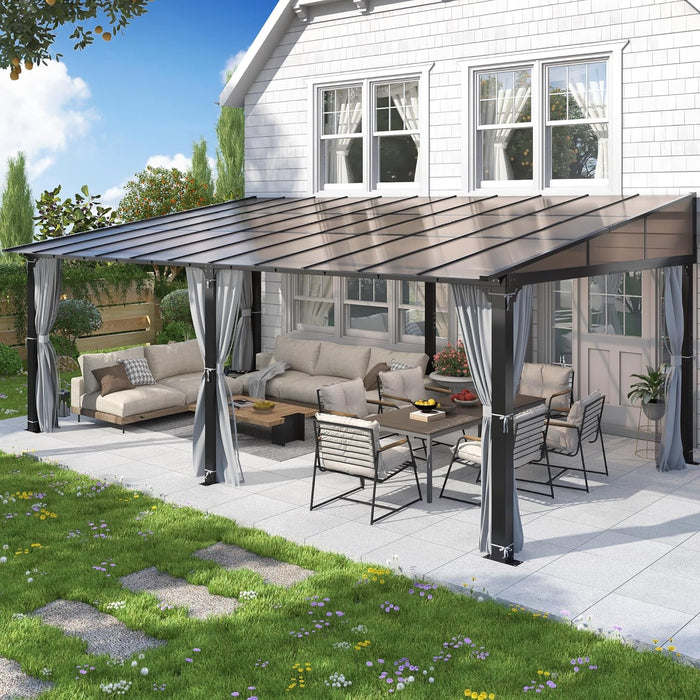 12' X 20' Outdoor Polycarbonate Lean to Gazebo - Wall-Mounted Aluminum Frame Gazebo with Slope Hardtop, Patio Heavy-Duty Lean to Pergola with Netting & Curtains for Garden, Backyard, Deck