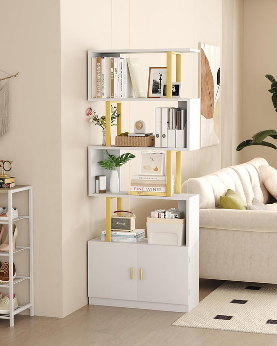 Geometric Bookcase with Cabinet, S Shaped Bookshelf 5-Tier Book Shelves for Bedroom, Modern Wood Decorative Display Shelf Tall Book Case for Home Office, Gold and White