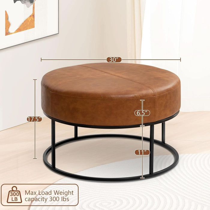 Modern round Coffee Table, Farmhouse Ottoman for Living Room, Large Vintage Leather Coffee Tables with Leather Upholstered Padded Seat [Round, Vintage Brown, 30'']